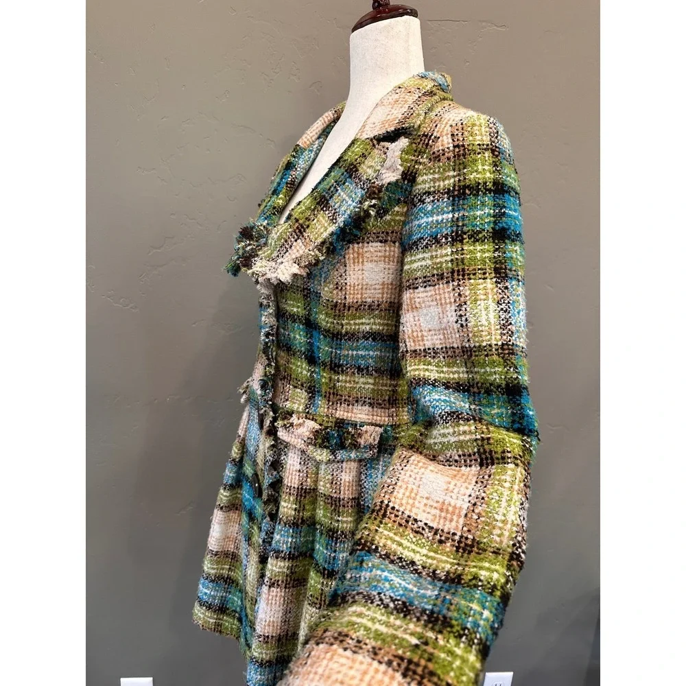 Anthropologie Nick &‎ Mo Retro Tweed Plaid Wool Flare Coat Small Fringed Boho